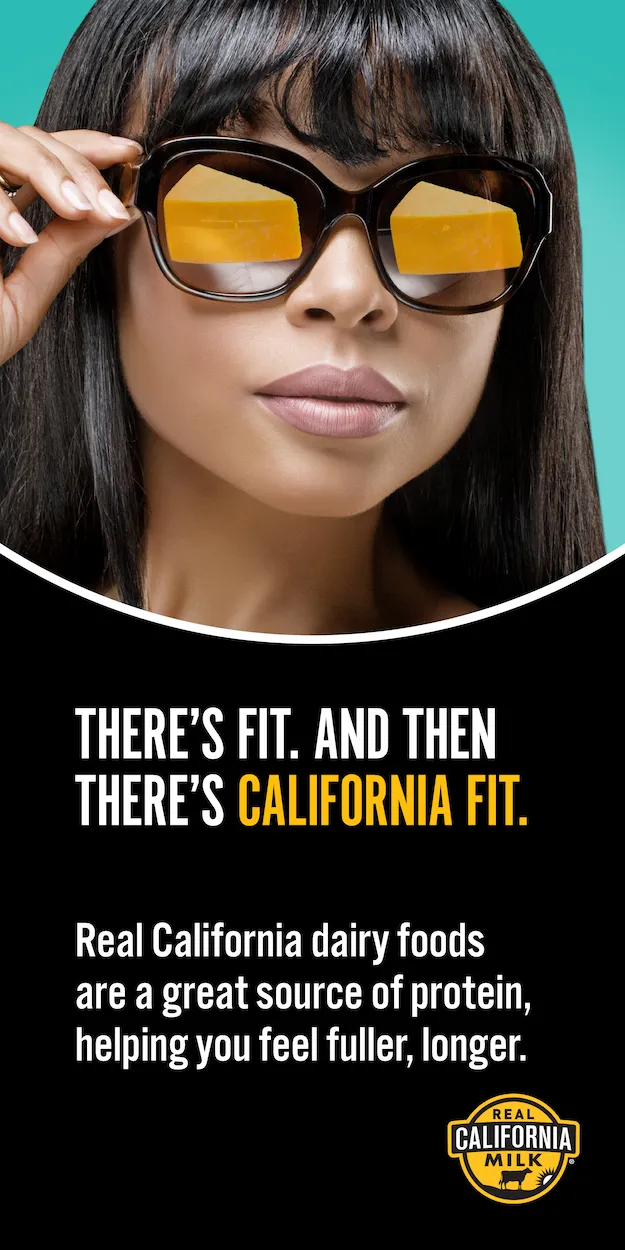 Woman wearing sunglasses with reflections of cheese in the lenses, promoting Real California Milk.