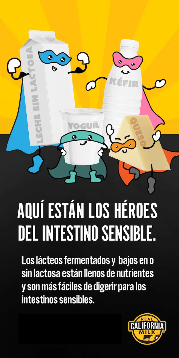 Superhéroes de dibujos animados que representan leche sin lactosa, kéfir, yogur y queso, promoviendo Real California Milk.