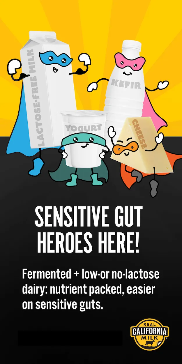 Cartoon superheroes representing lactose-free milk, kefir, yogurt, and cheese, promoting Real California Milk.